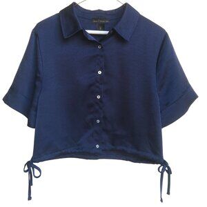 HOUSE OF HARLOW 1960 | NWOT Navy Blue Satin Boxy Button Up Side Tie Crop Top L